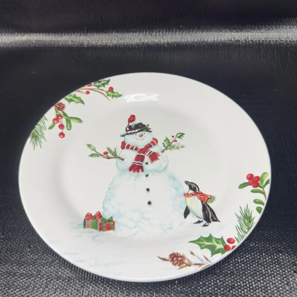 PIER 1 Winter Wonders Ironstone Plate Dish Set 4 Snowman Penguin Christmas 9inch